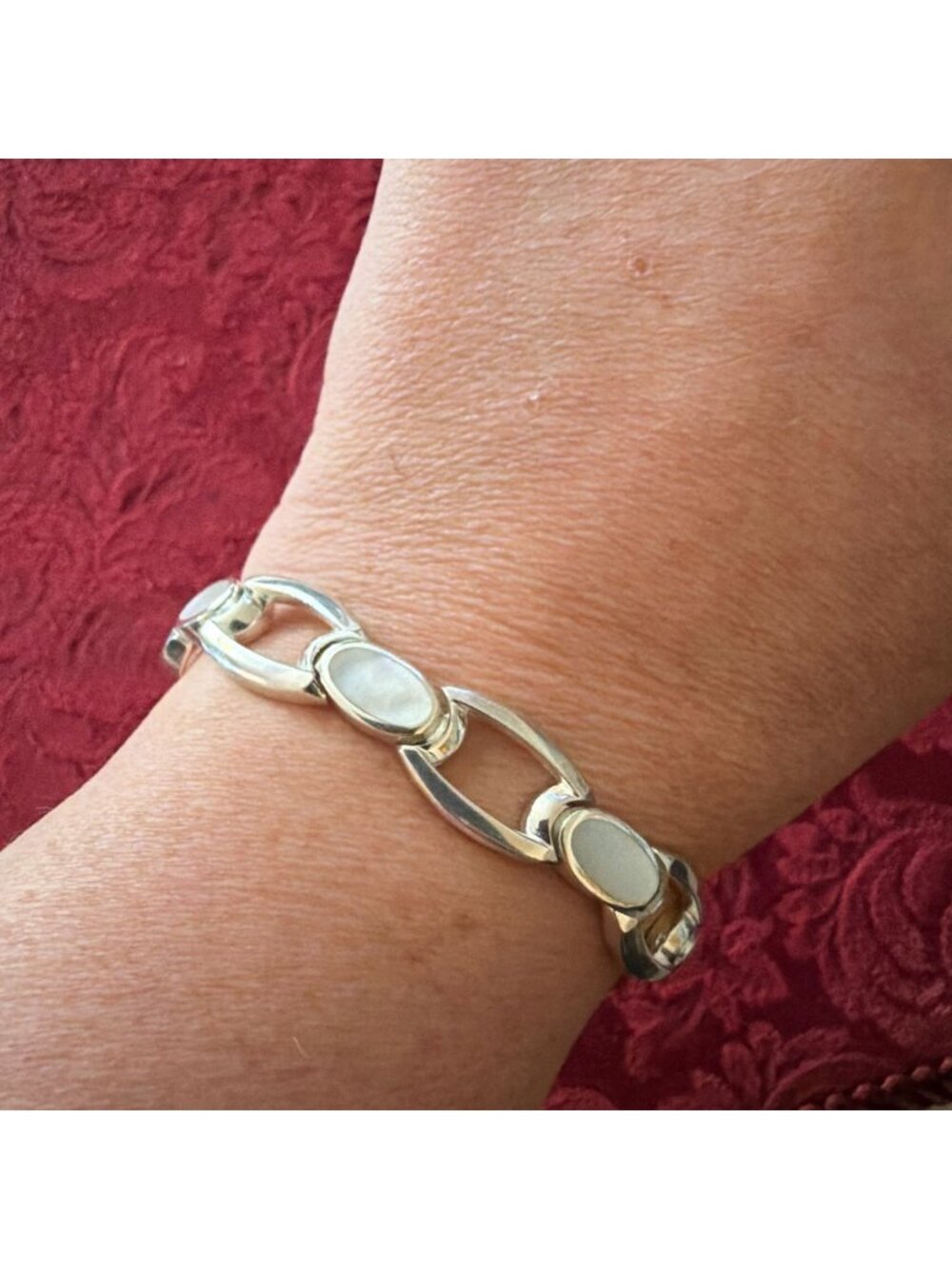 Vintage Sterling Silver 925 Mother of Pearl Inlay Link Bracelet Articulated
